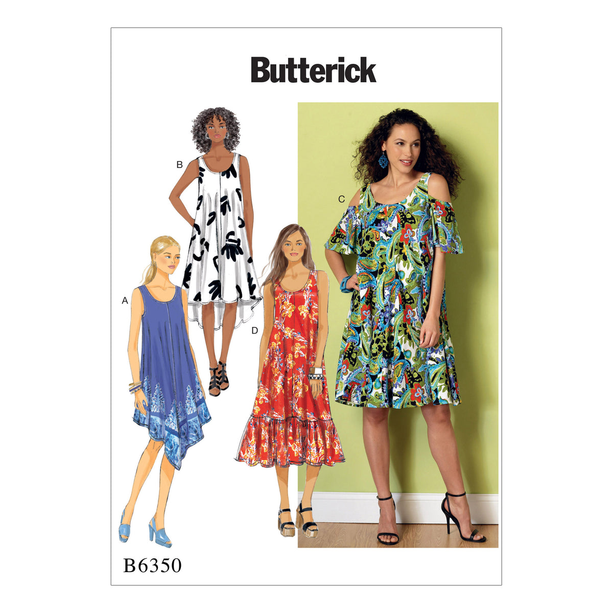 Butterick B6350 sewing pattern envelope showing women's flared dress designs