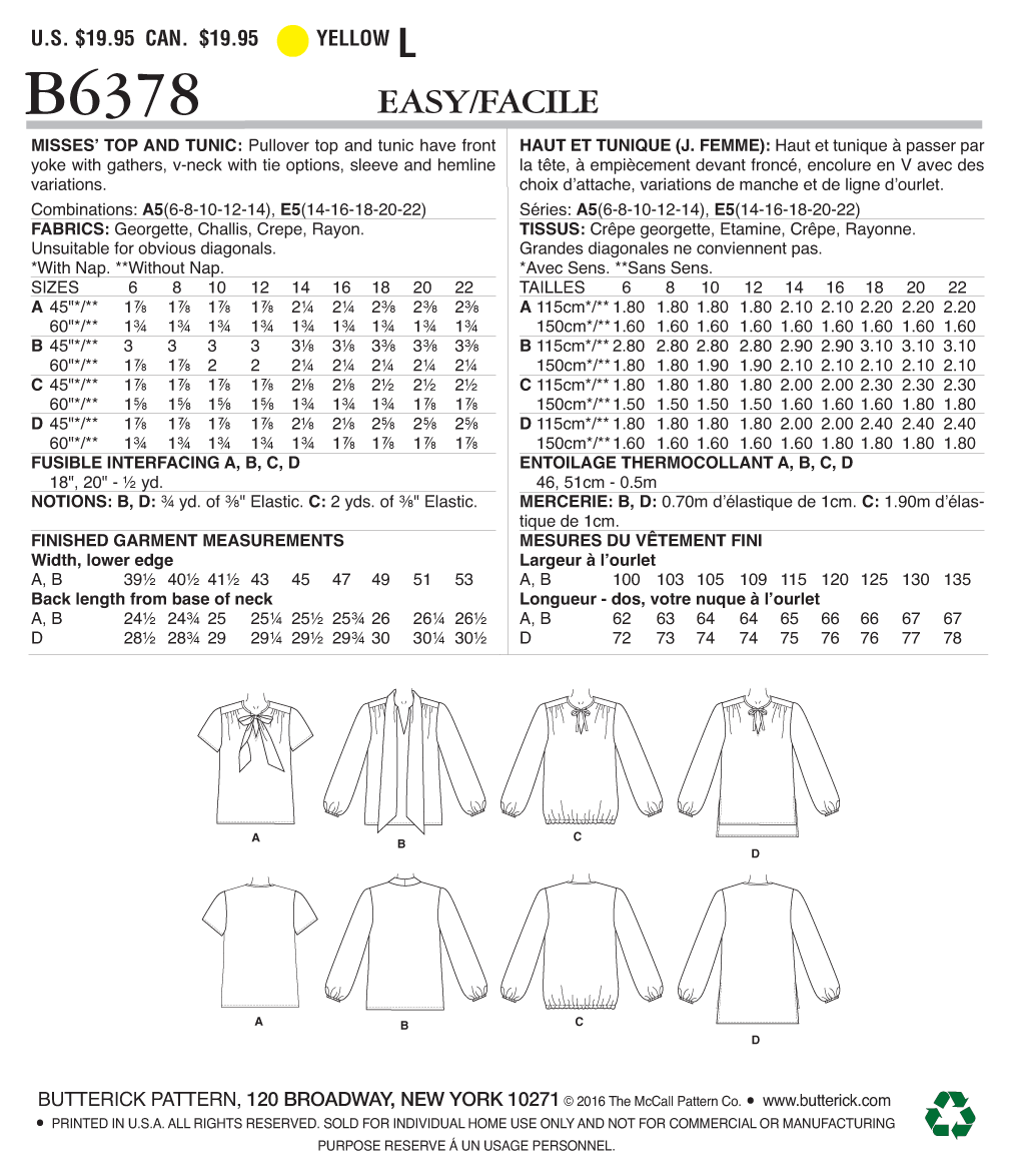Butterick B6378 sewing pattern envelope showing women's top and tunic designs
