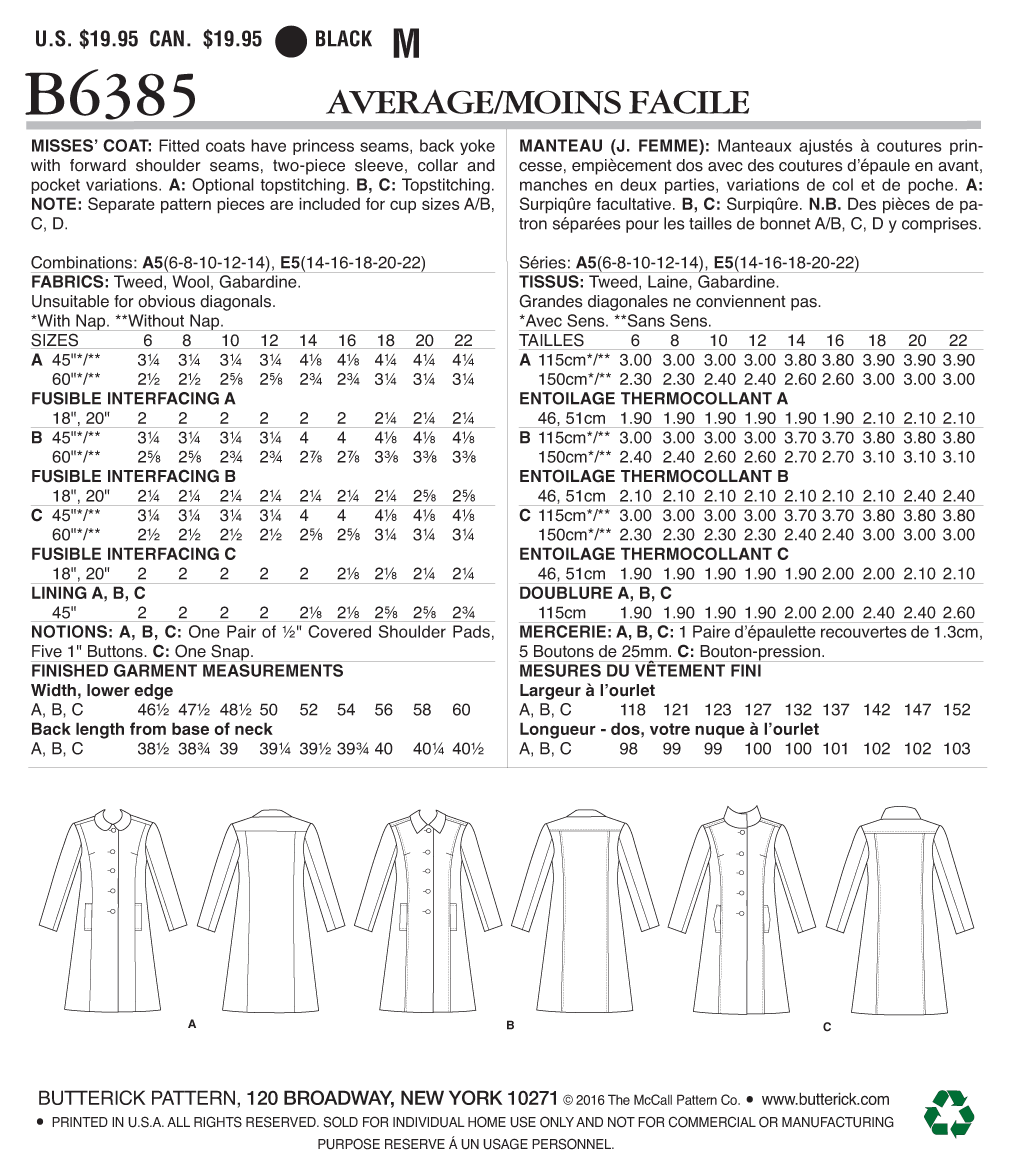Butterick B6385 sewing pattern envelope showing women's fitted coat designs