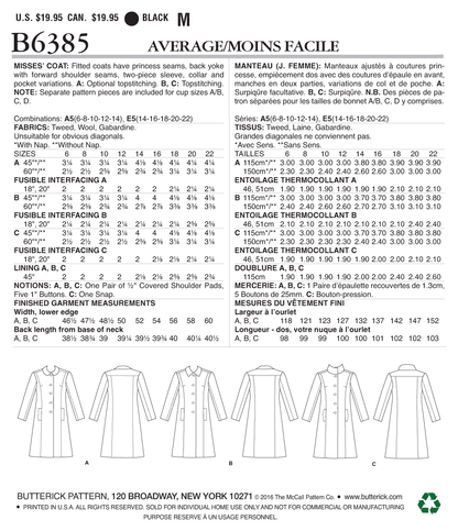 Butterick B6385 sewing pattern envelope showing women's fitted coat designs