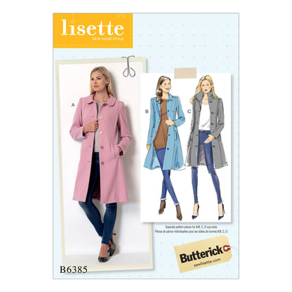 Butterick B6385 sewing pattern envelope showing women's fitted coat designs