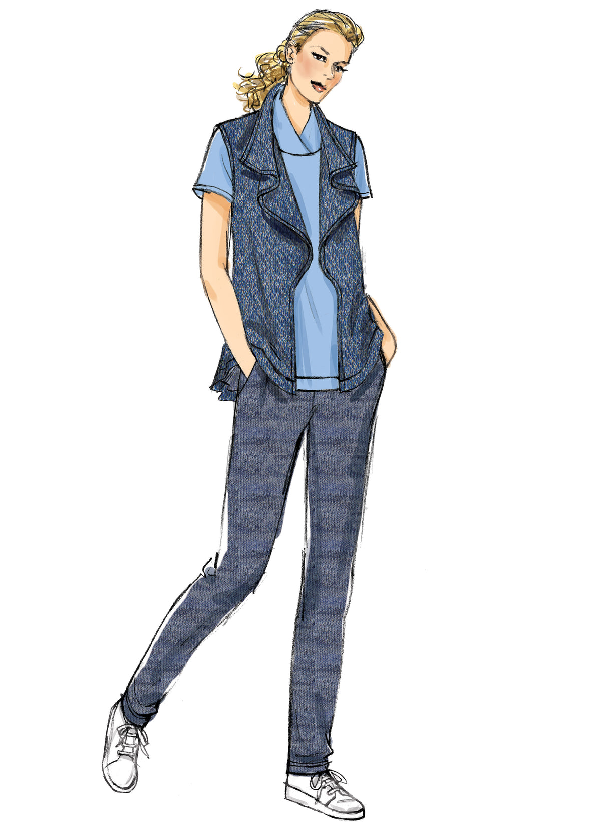 Butterick B6388 sewing pattern envelope showing women's draped collar waistcoat designs
