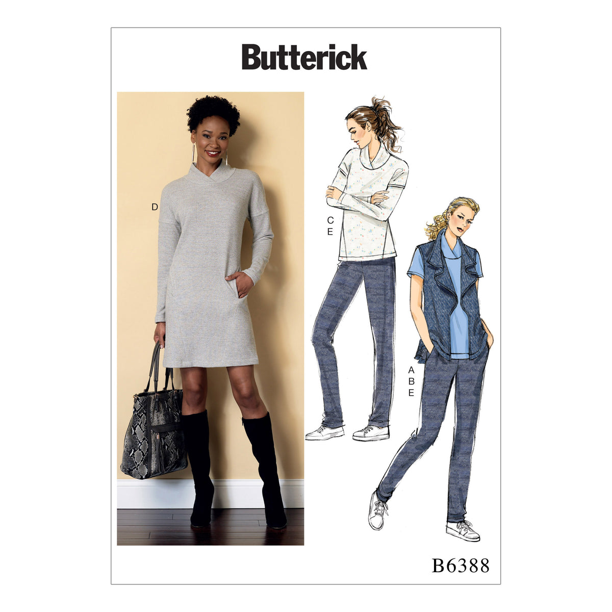 Butterick B6388 sewing pattern envelope showing women's draped collar waistcoat designs