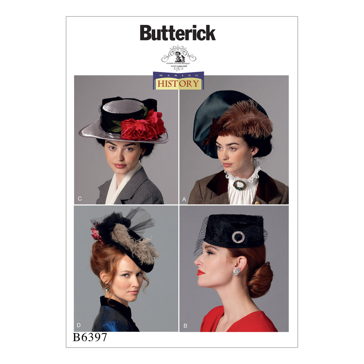 Butterick B6397 sewing pattern envelope showing hats designs