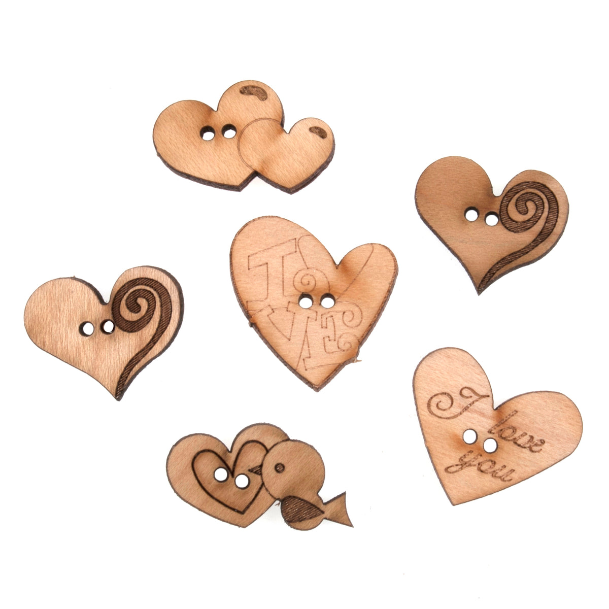 Pack of 6 wooden novelty buttons with a love theme