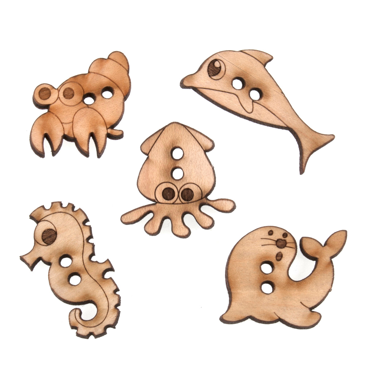 Pack of 5 wooden novelty buttons with a sea life theme