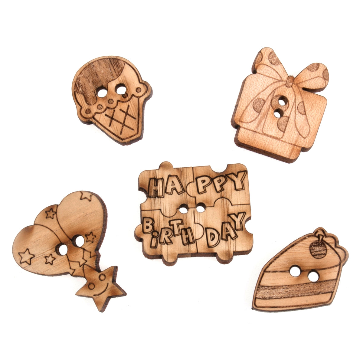 Pack of 5 wooden novelty buttons with a birthday theme