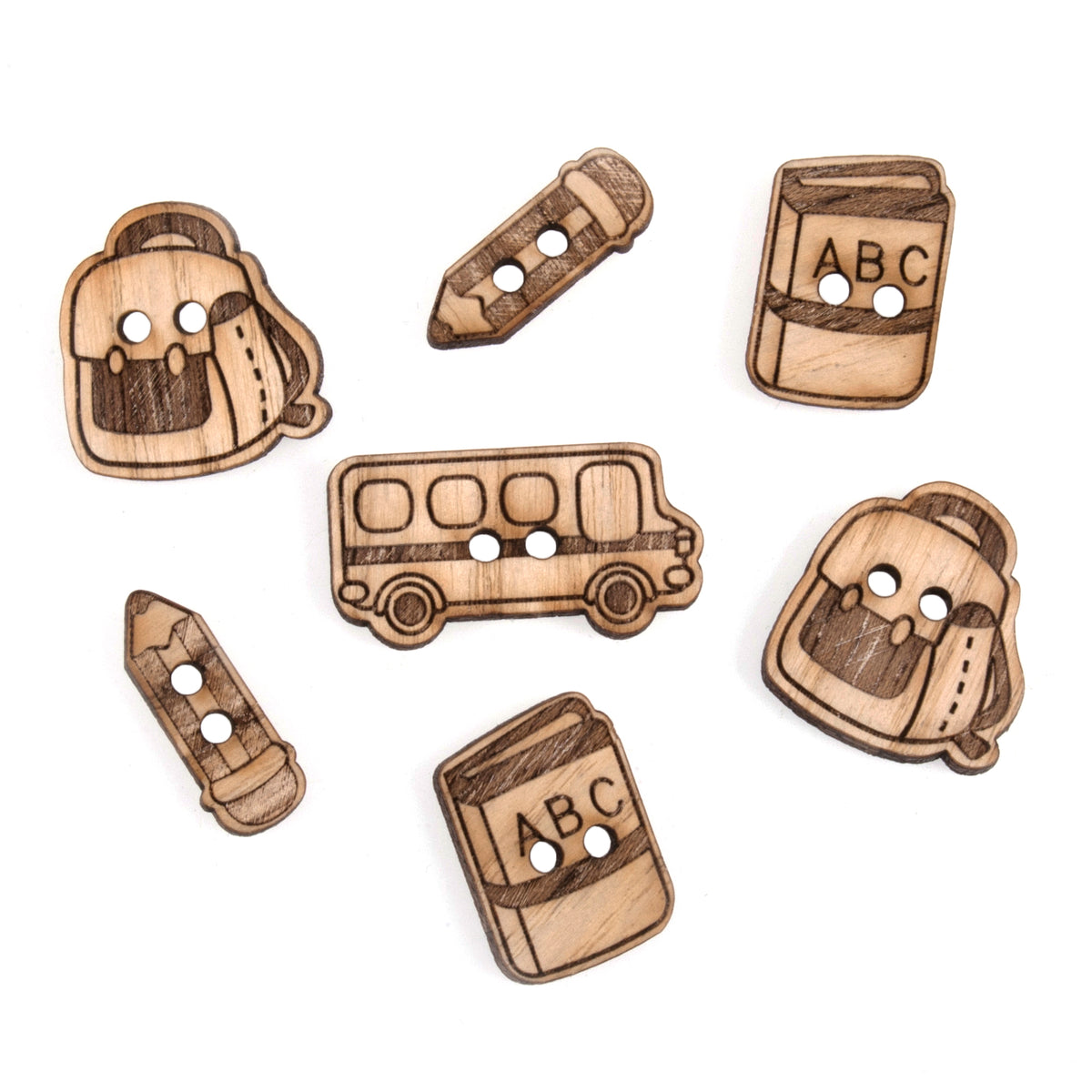 Pack of 7 wooden novelty buttons with a school days theme
