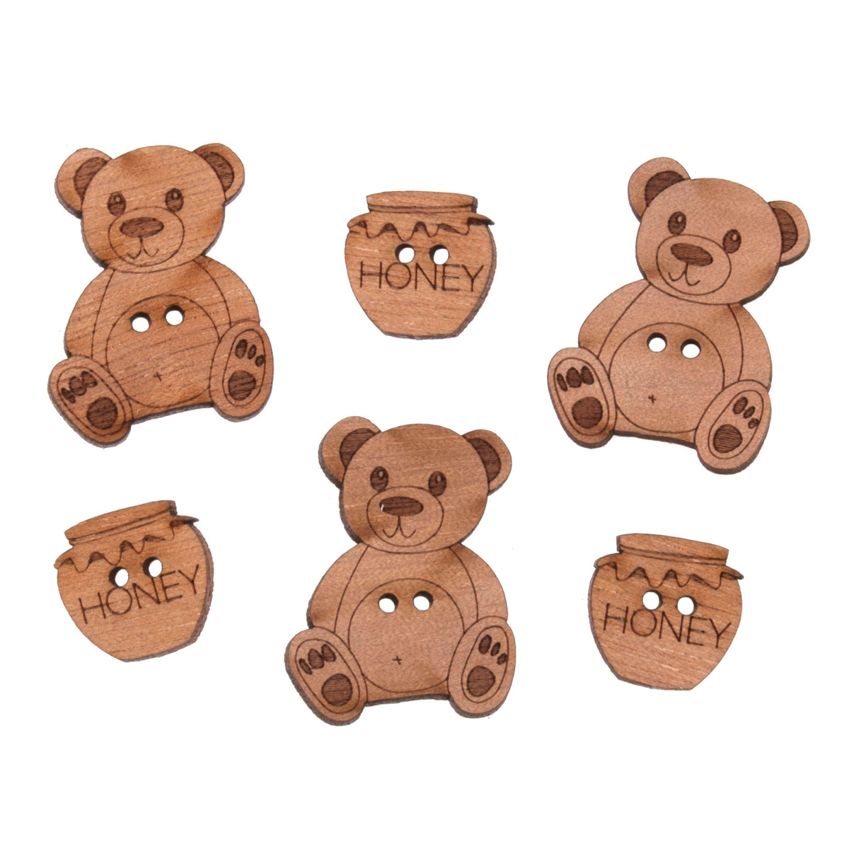 Pack of 6 wooden novelty buttons with a teddy bears theme