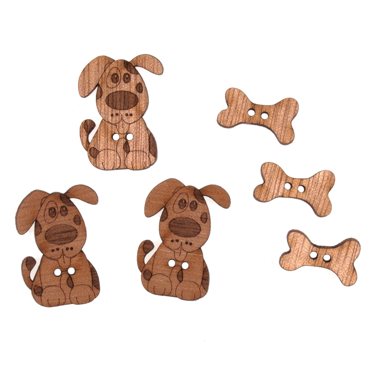 Pack of 6 wooden novelty buttons with a dog & bone theme