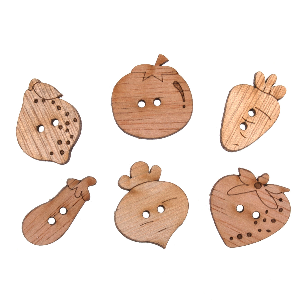 Pack of 6 wooden novelty buttons with a fruit & veg theme