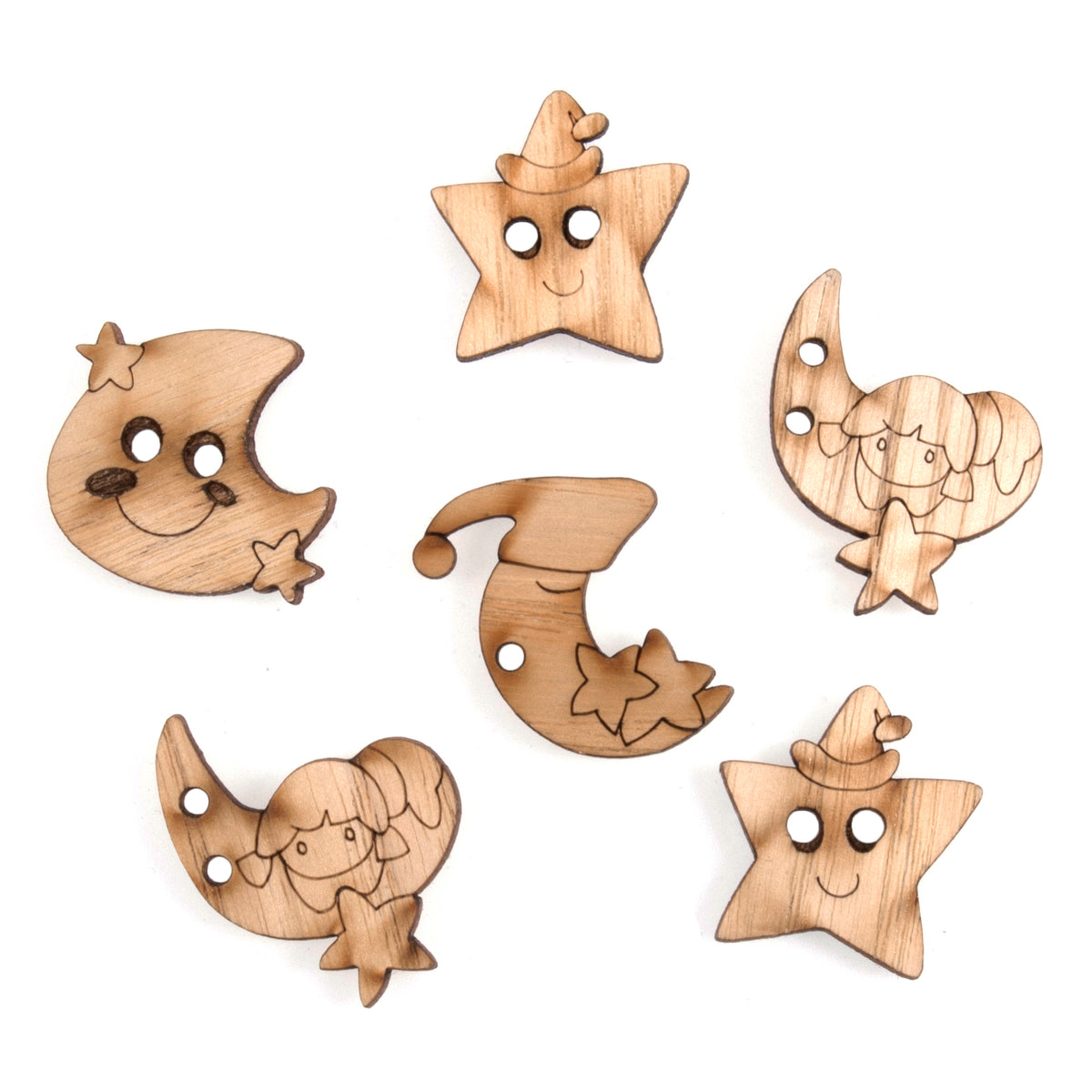Pack of 6 wooden novelty buttons with a moon & stars theme