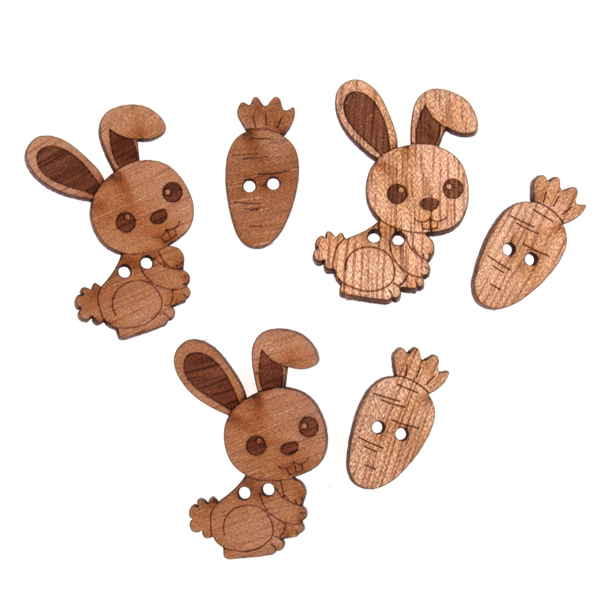 Pack of 6 wooden novelty buttons with a bunnies theme