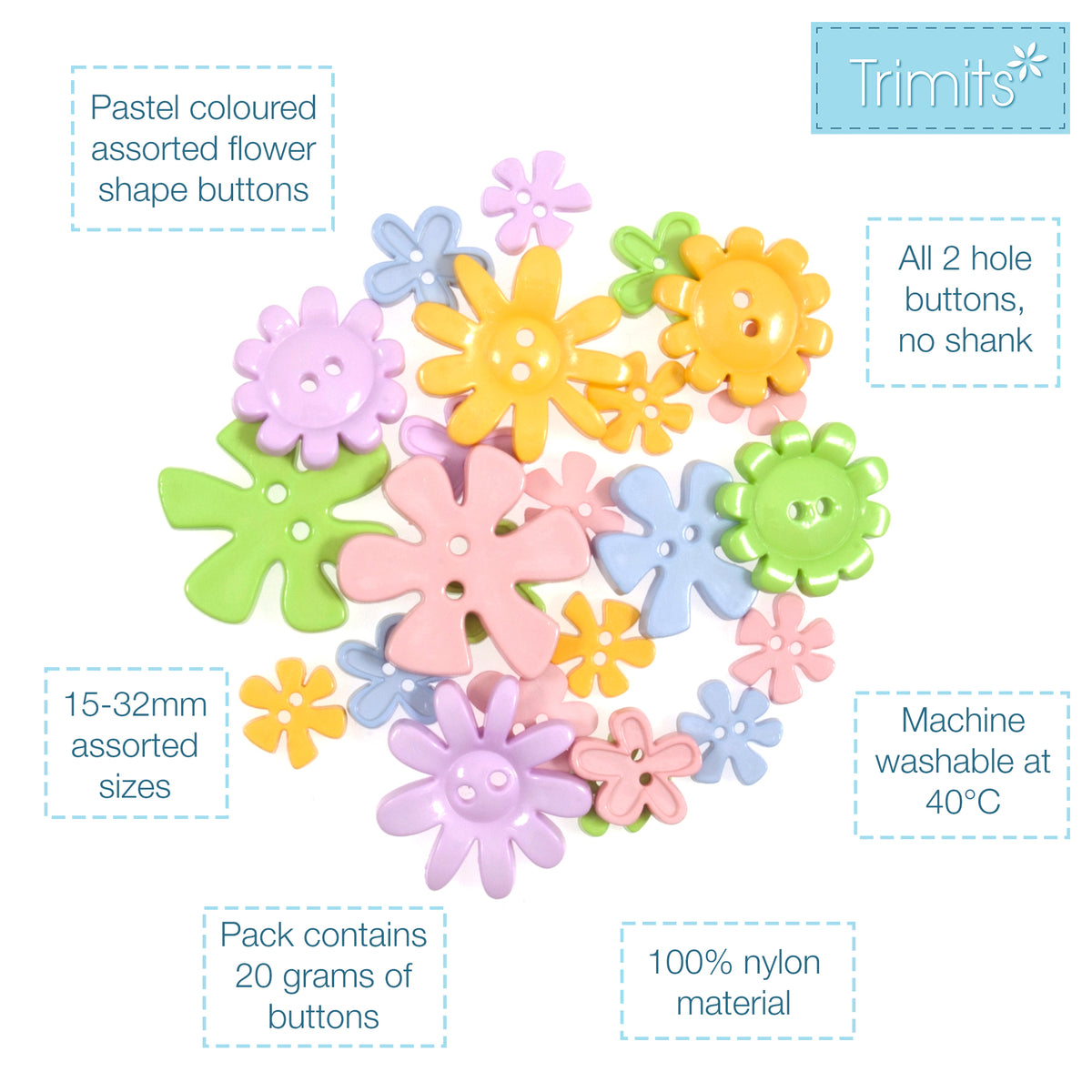 Pack of Trimits pastel flowers novelty buttons