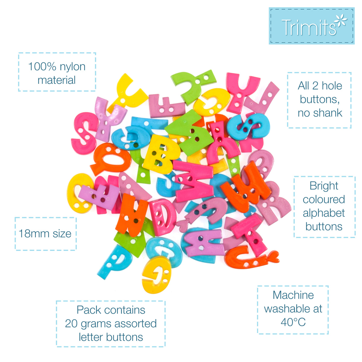 Brightly coloured alphabet letter buttons