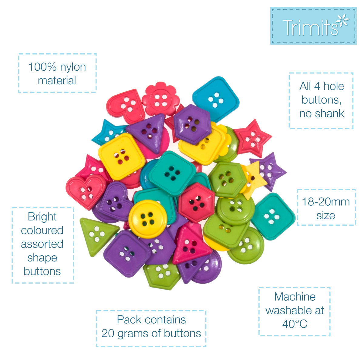 Mixed geometric buttons in bright pink, purple, teal, green and yellow