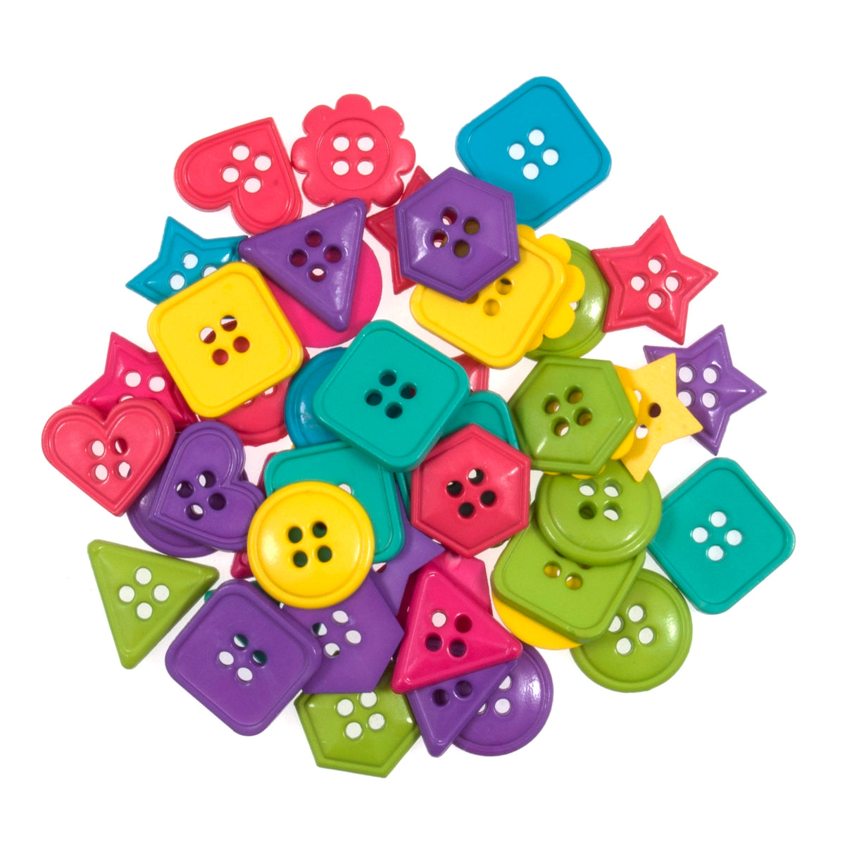 Mixed geometric buttons in bright pink, purple, teal, green and yellow
