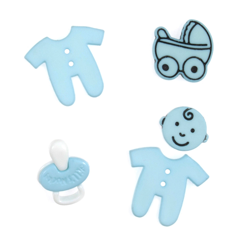 Pale blue baby themed buttons including a babygrow, pram and dummy