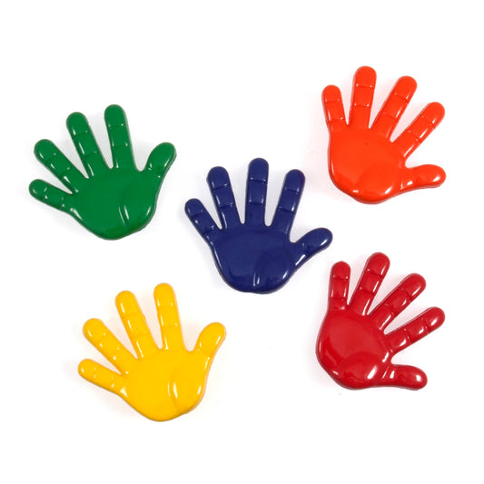 Five hand shaped buttons in green, blue, orange, yellow and red