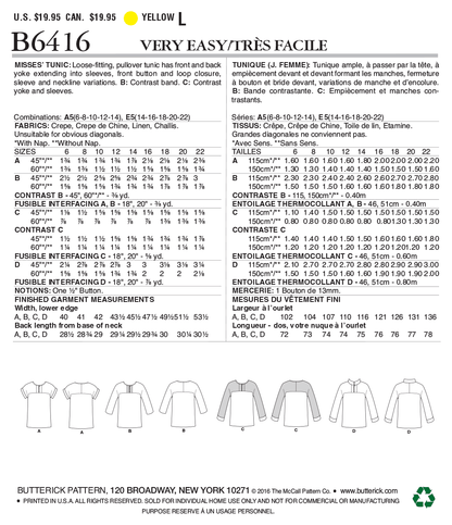 Butterick B6416 sewing pattern envelope showing women's pullover tunic designs