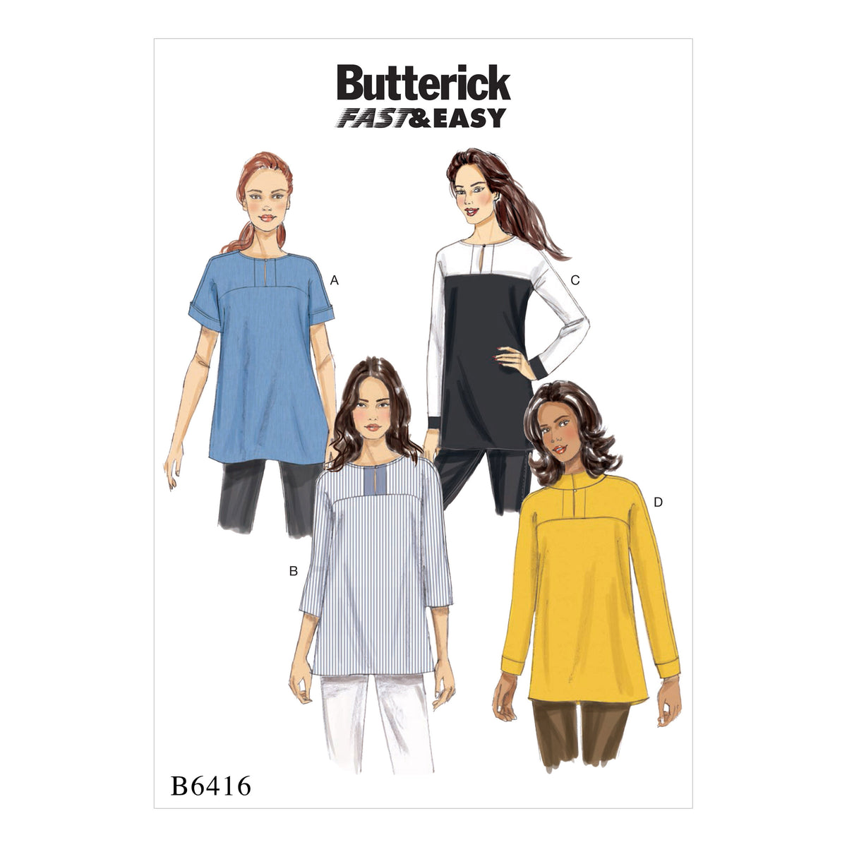 Butterick B6416 sewing pattern envelope showing women's pullover tunic designs