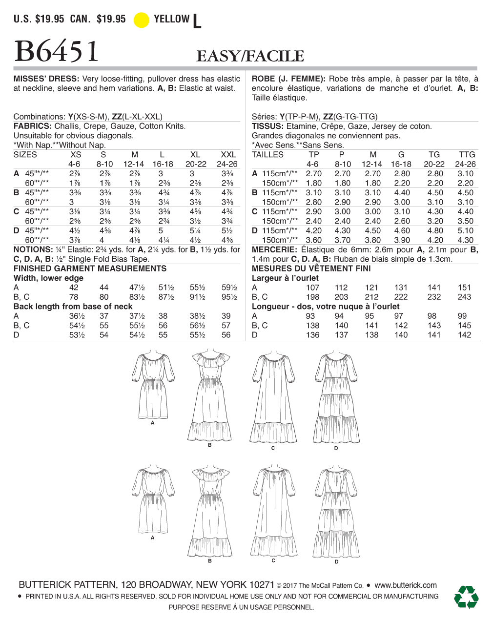Butterick B6451 sewing pattern envelope showing misses pullover dress designs