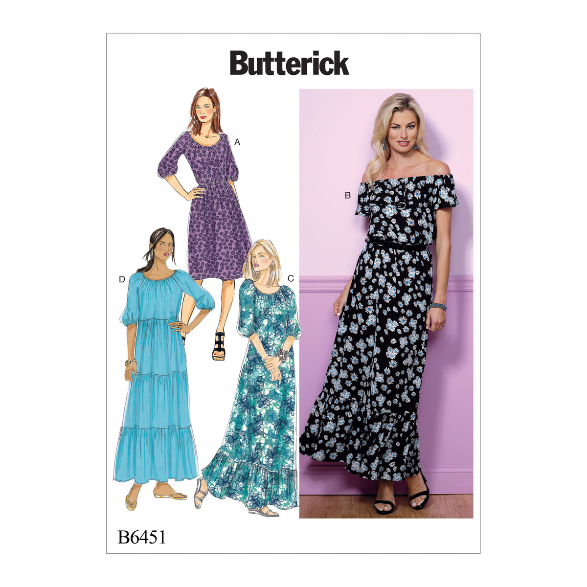 Butterick B6451 sewing pattern envelope showing misses pullover dress designs