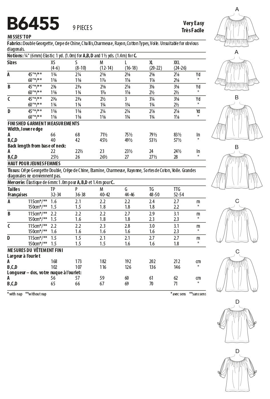 Butterick B6455 sewing pattern envelope showing misses pullover top designs