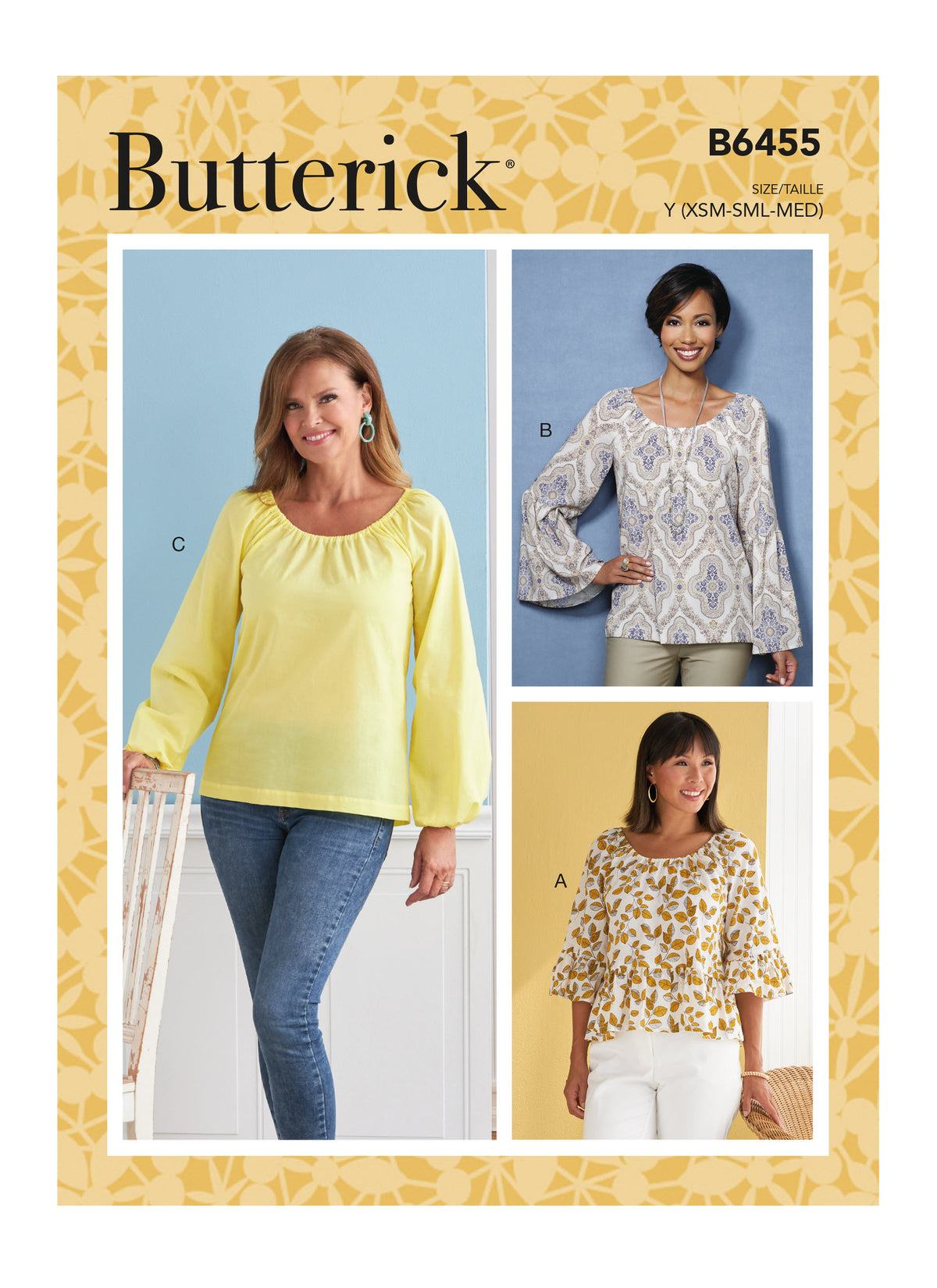 Butterick B6455 sewing pattern envelope showing misses pullover top designs