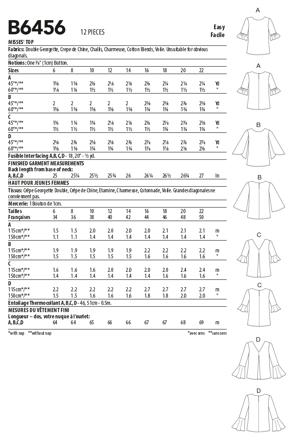 Butterick B6456 sewing pattern envelope showing misses top designs