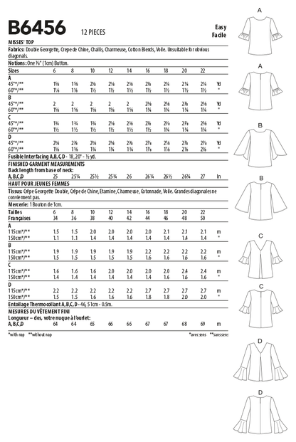 Butterick B6456 sewing pattern envelope showing misses top designs