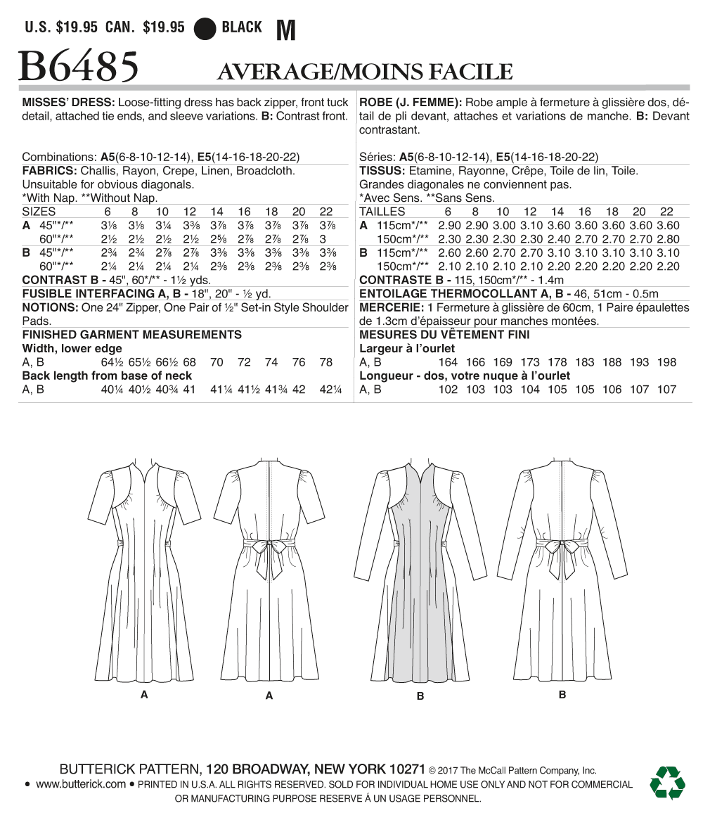 Butterick B6485 sewing pattern envelope showing misses dress designs