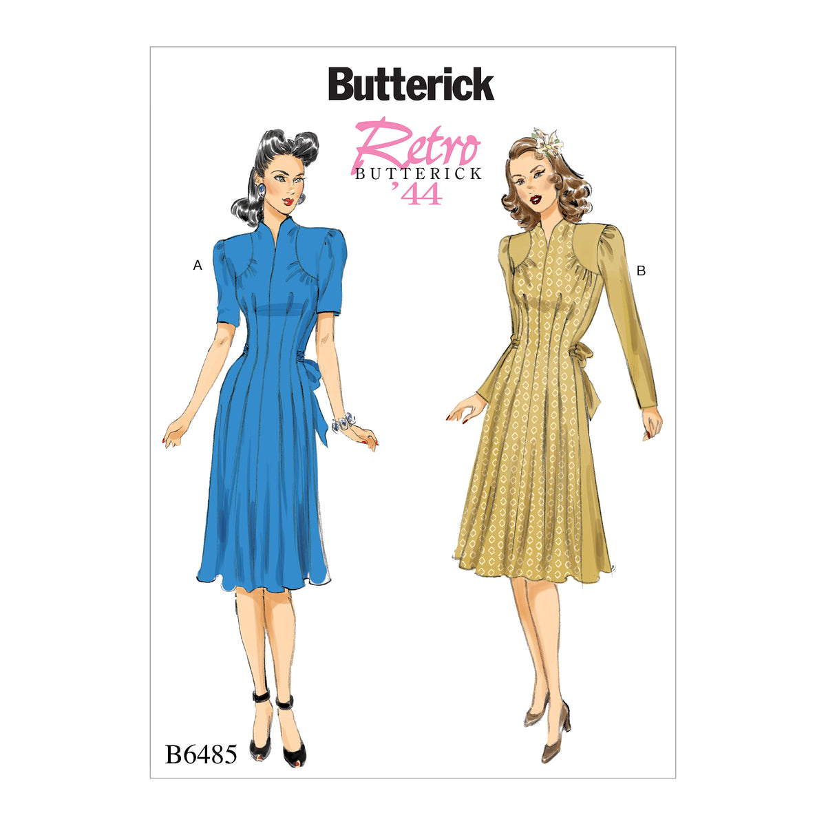 Butterick B6485 sewing pattern envelope showing misses dress designs