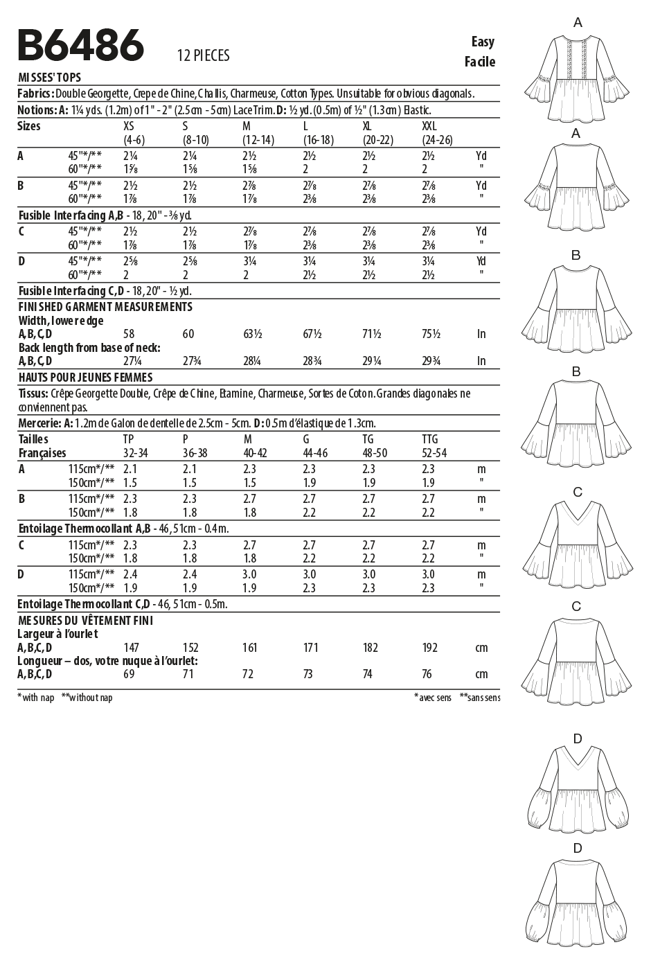 Butterick B6486 sewing pattern envelope showing misses pullover tops designs