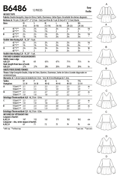 Butterick B6486 sewing pattern envelope showing misses pullover tops designs