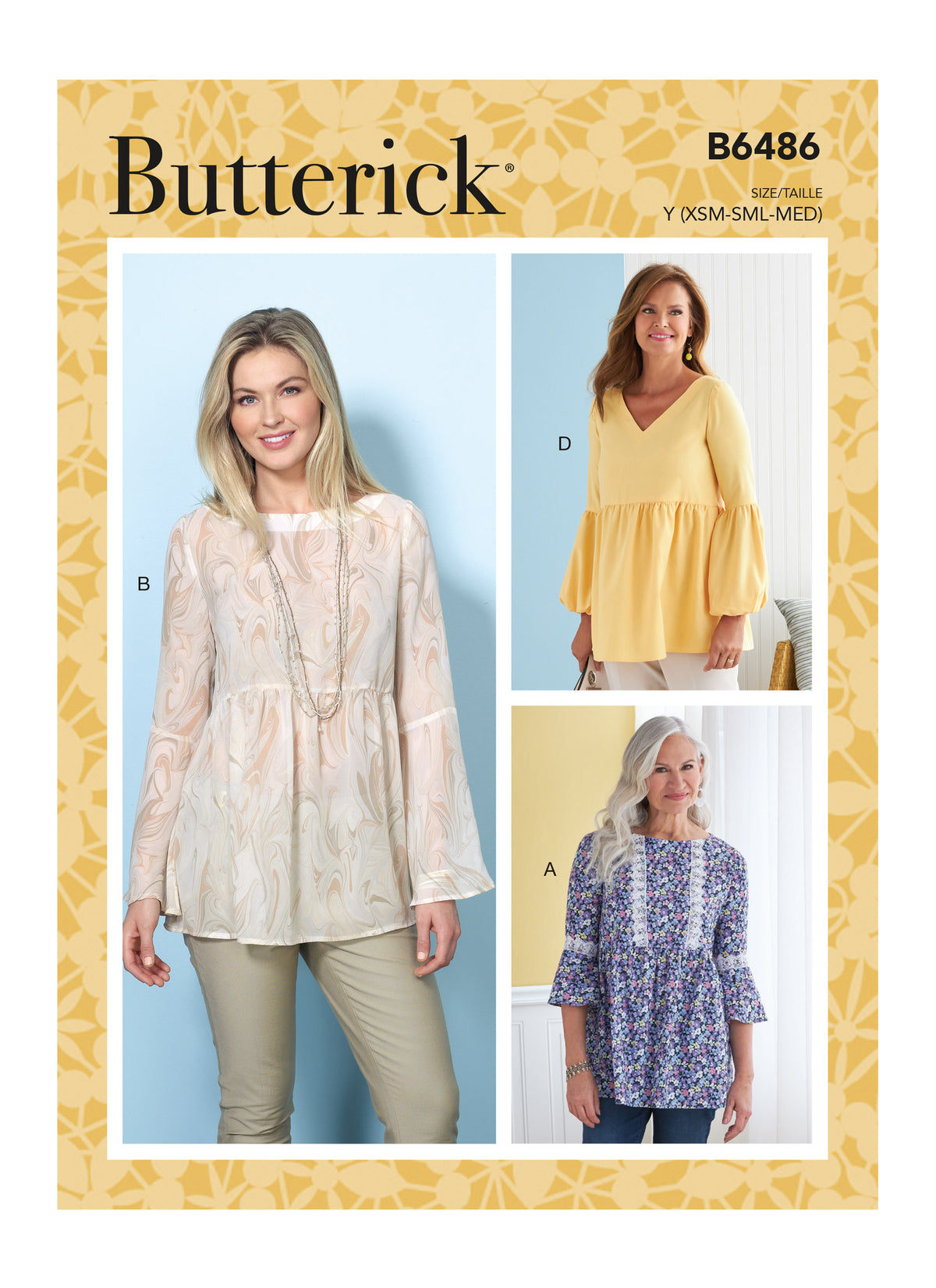 Butterick B6486 sewing pattern envelope showing misses pullover tops designs