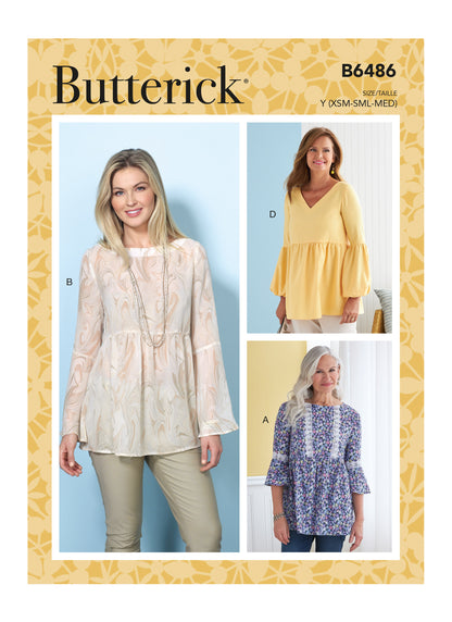 Butterick B6486 sewing pattern envelope showing misses pullover tops designs