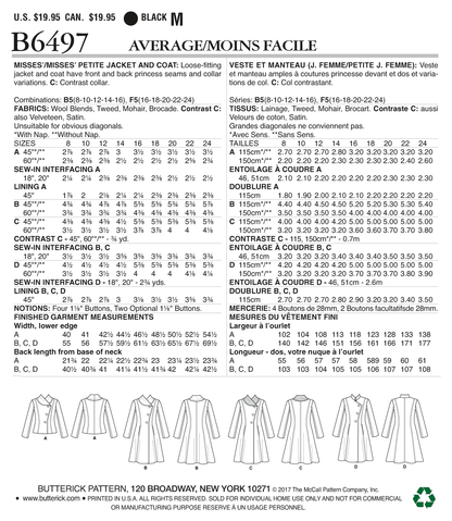 Butterick B6497 sewing pattern envelope showing misses jacket and coat designs