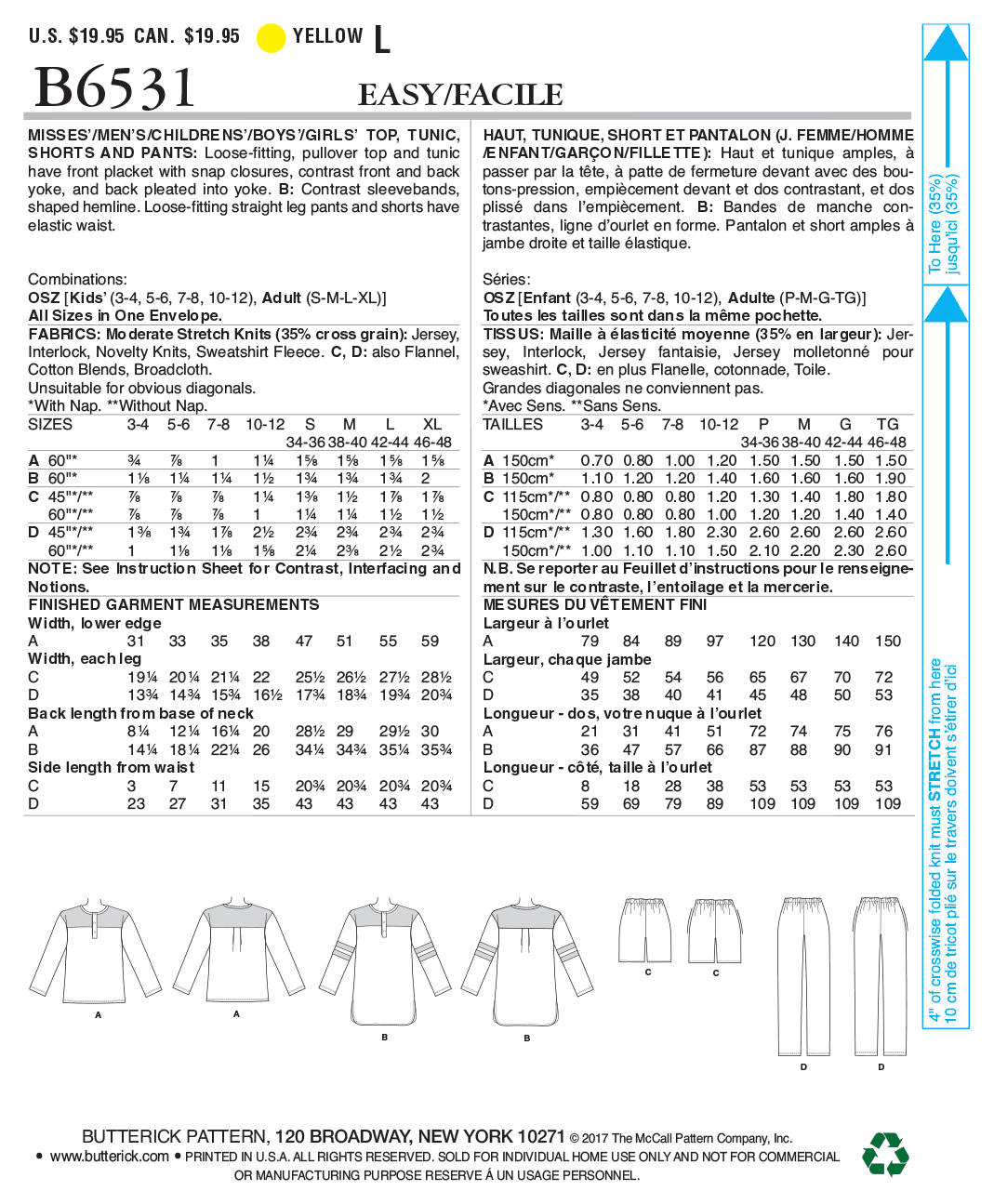 Butterick B6531 sewing pattern envelope showing unisex pullover top and tunic designs