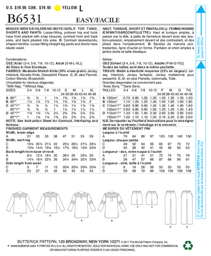 Butterick B6531 sewing pattern envelope showing unisex pullover top and tunic designs