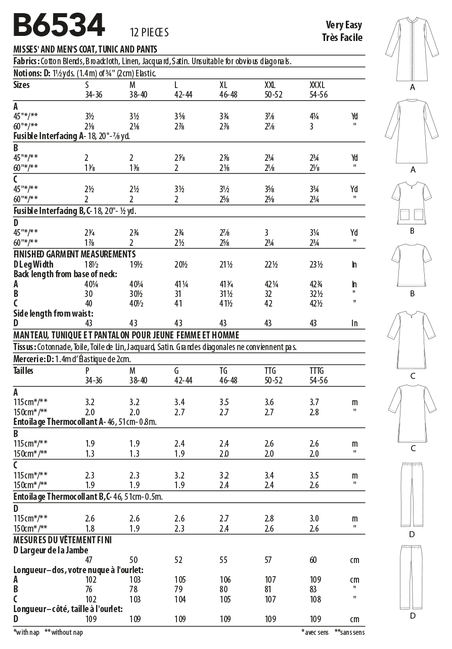 Butterick B6534 sewing pattern envelope showing unisex coat designs