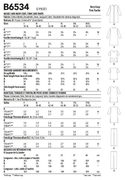 Butterick B6534 sewing pattern envelope showing unisex coat designs