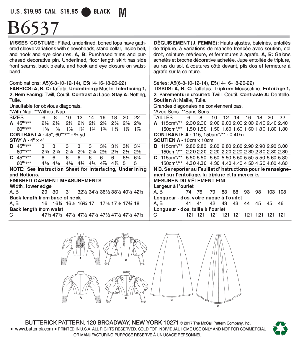 Butterick B6537 sewing pattern envelope showing misses costume top designs
