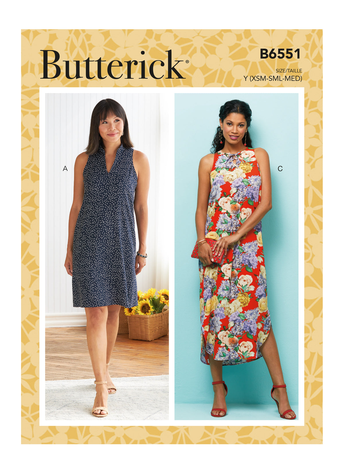 Butterick B6551 sewing pattern envelope showing misses loose dress designs