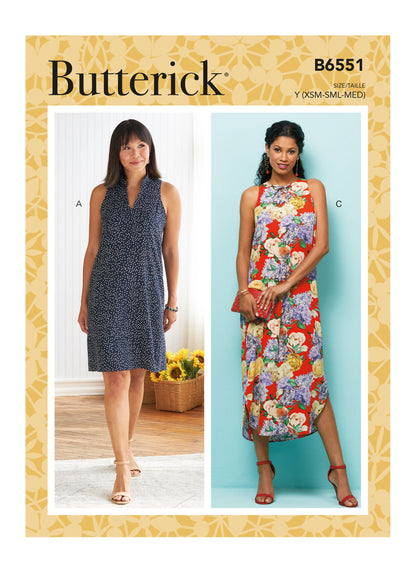 Butterick B6551 sewing pattern envelope showing misses loose dress designs