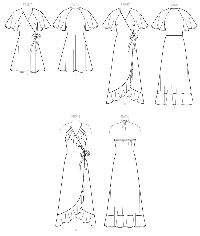 Butterick B6554 sewing pattern envelope showing misses wrap dress designs