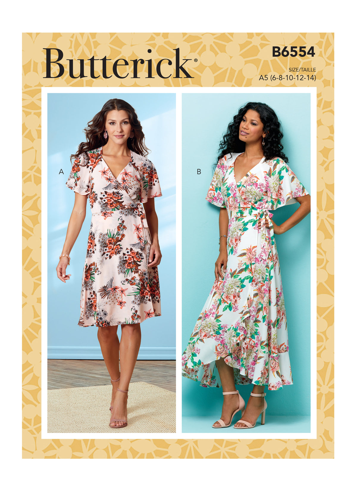 Butterick B6554 sewing pattern envelope showing misses wrap dress designs
