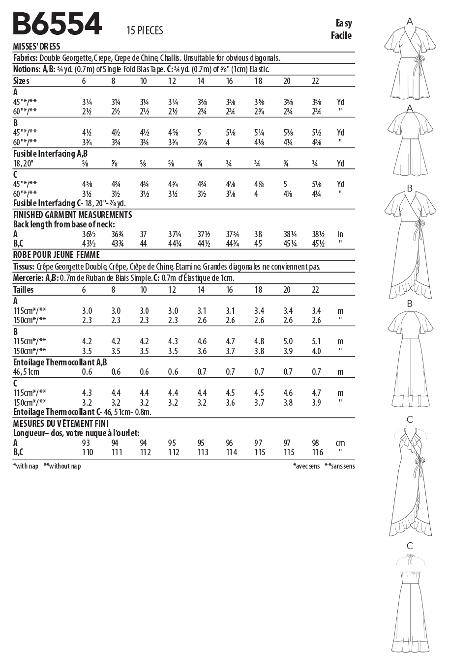 Butterick B6554 sewing pattern envelope showing misses wrap dress designs