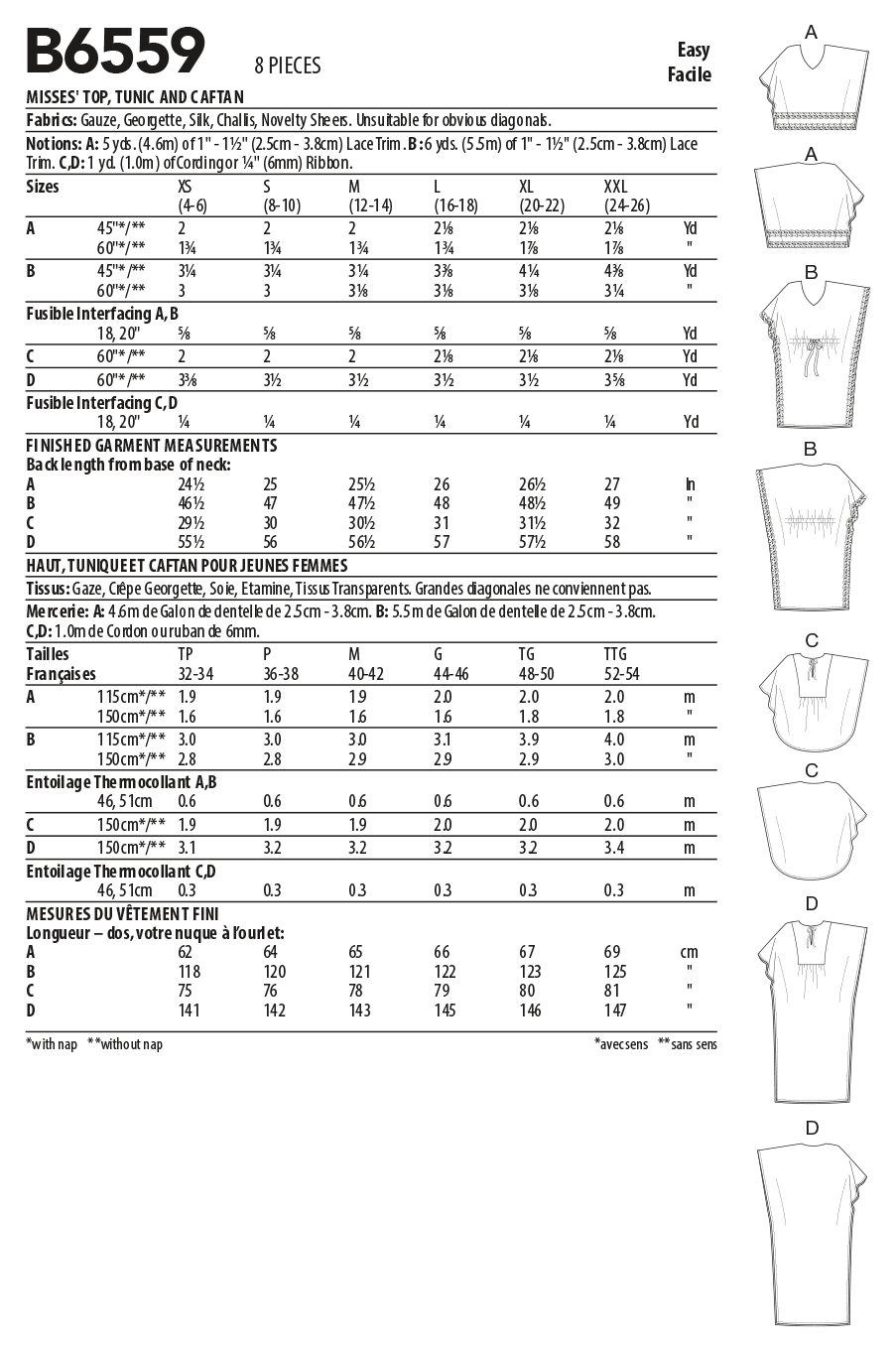 Butterick B6559 sewing pattern envelope showing misses tops, tunic and caftan designs