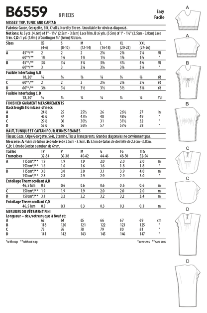 Butterick B6559 sewing pattern envelope showing misses tops, tunic and caftan designs